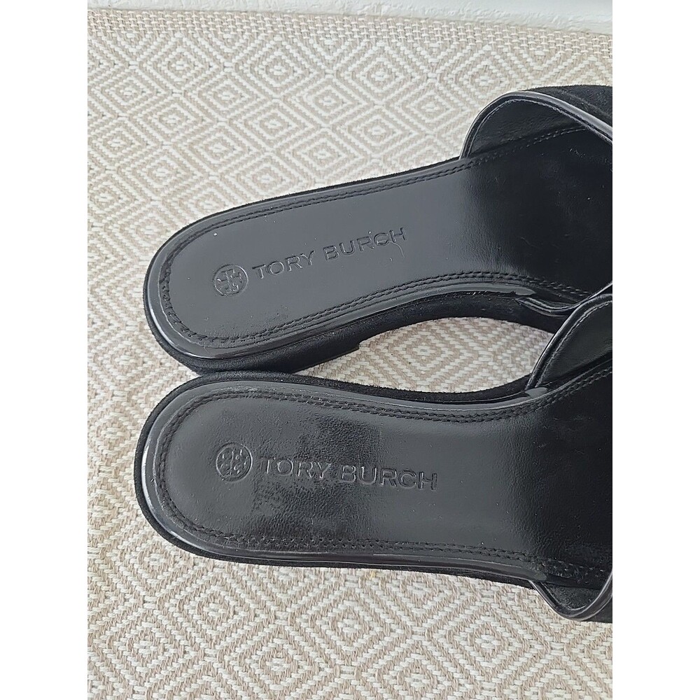 Tory Burch Eleanor Pavé Slide Sandals in Black Suede Crystal Embellished Logos 9 - Picture 8 of 13